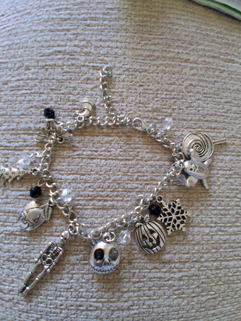 Silver Halloween Charm Bracelet with Black and Clear Accents Sell As It Is